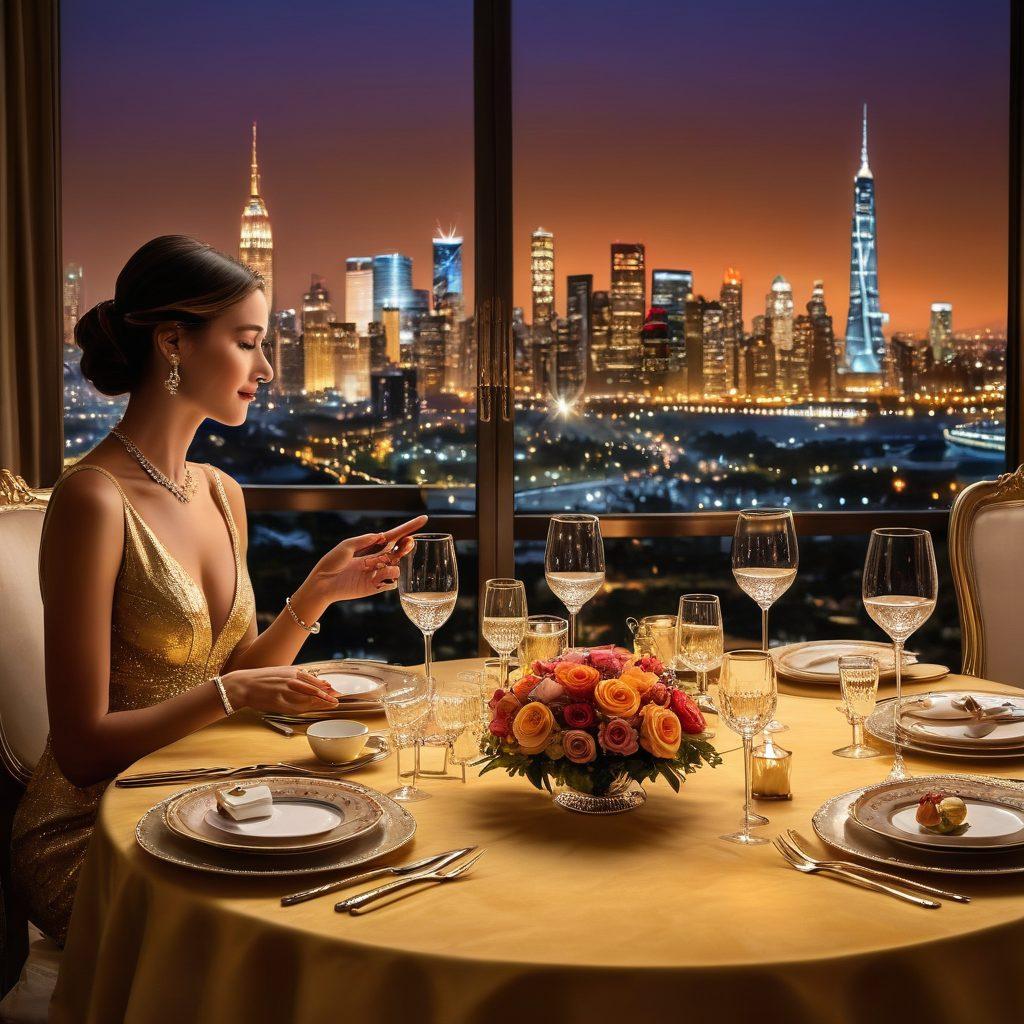 An opulent dining setting with a luxurious table adorned with fine china, crystal glasses, and gourmet dishes, portraying a couple engaged in a deep conversation. Surrounding this elegant scene are subtle hints of wealth, such as a designer watch, sparkling jewelry, and a city skyline in the background. The ambiance is warm and inviting, with soft, golden lighting enhancing the richness of the experience. super-realistic. vibrant colors. elegant background.