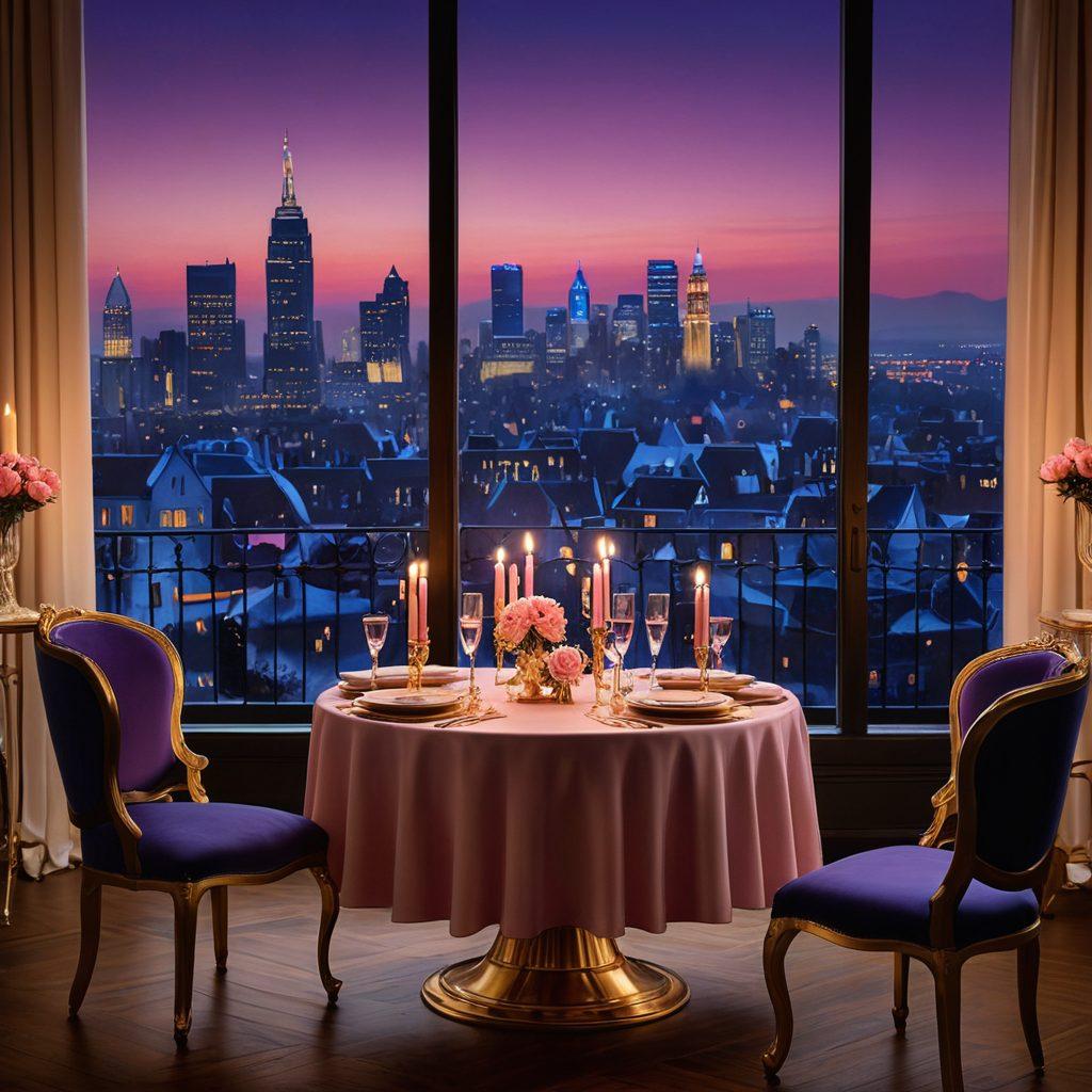 An elegant, romantic scene featuring a luxurious dining table adorned with fine china and candles, set against a backdrop of a city skyline at dusk. Include two silhouettes engaging in playful conversation, symbolizing sugar dating, with hints of gold and pink accents to convey warmth and sophistication. Add subtle elements like an exquisite dessert to emphasize sweetness. super-realistic. vibrant colors. night ambiance.
