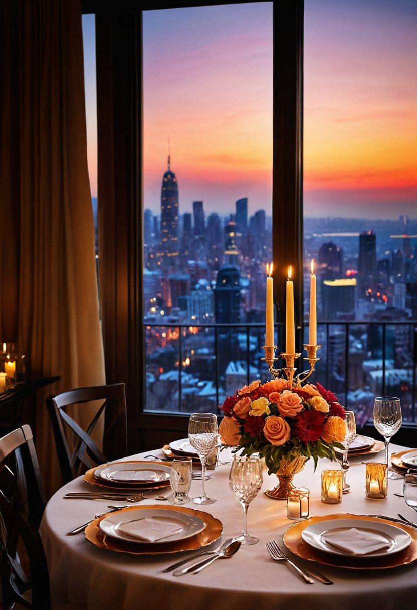 A lavish dining table set for two, adorned with elegant candlelight and fine china, surrounded by exotic flowers. In the background, silhouettes of a city skyline at sunset symbolize the allure of affluent living. A subtle nod to luxury and romance in the air, with a touch of candid interactions between pairs. super-realistic. warm tones. soft focus.
